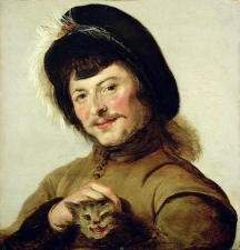 KSL247486 A Young Man with a Cat, 1635 (oil on panel); by Hals, Frans (1582/3-1666) (Follower of); 45.5x43 cm; Gemaeldegalerie Alte Meister, Kassel, Germany; © Museumslandschaft Hessen Kassel; PERMISSION REQUIRED FOR NON EDITORIAL USAGE; MANIPULATION OF THE IMAGE FORBIDDEN; Dutch, in copyright