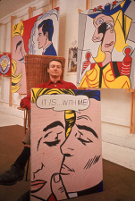 Artist Roy Lichtenstein holding completed painting (one of series showing process through which he creates finished pop-art painting).  (Photo by John Loengard/The LIFE Picture Collection via Getty Images)