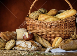 Basket of bread and buns in traditional still-life