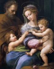 Raphaël, La Sainte Famille avec le petit saint Jean Baptiste,
dite Madone à la rose, vers 1516