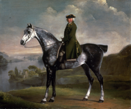 FIT58831 Joseph Smyth Esquire, Lieutenant of Whittlebury Forest, Northamptonshire, on a Dapple Grey Horse, c.1762-64 (oil on canvas) by Stubbs, George (1724-1806); 64.2x76.8 cm; Fitzwilliam Museum, University of Cambridge, UK; English,  out of copyright.
